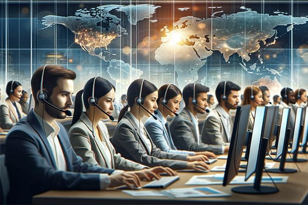 Group of professionals sitting in a call center handling call