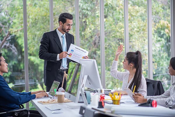 boss present marketing strategy for teamwork