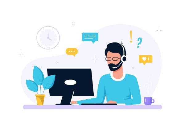 a man is sitting on desktop table vector